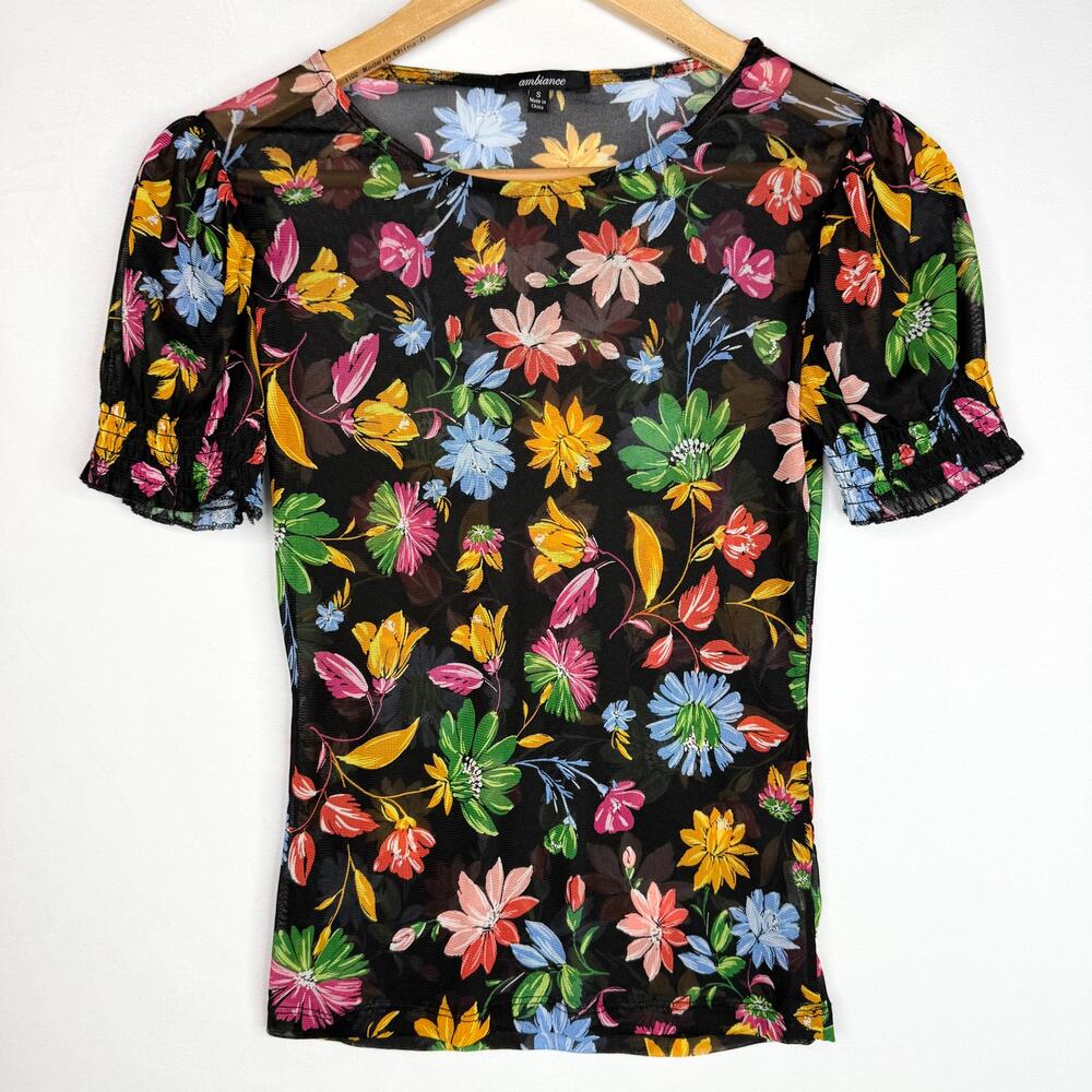Ambiance Sheer Black Floral Puff Sleeve Blouse Small